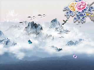 风景图，雾，山，灰色的天空，飞鸟和蝴蝶