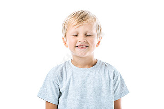 cheerful kid with closed eyes iling isolated on white