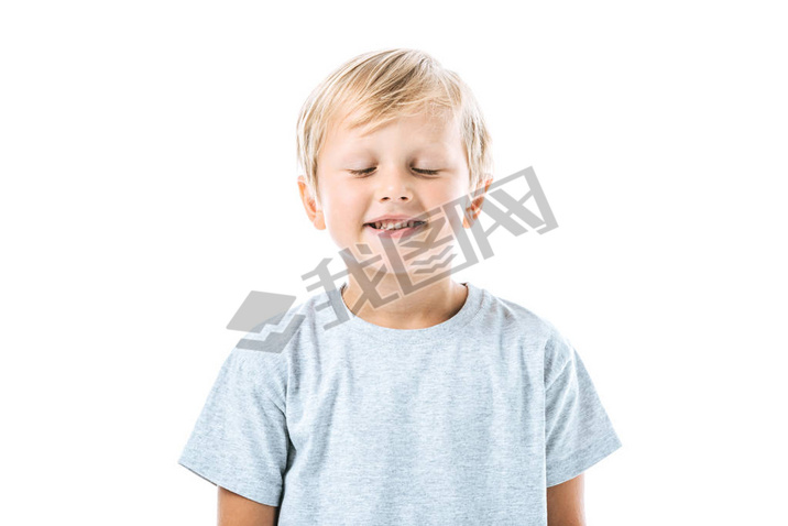 cheerful kid with closed eyes iling isolated on white 