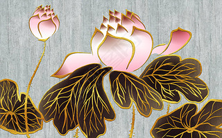 Pink gilded water lilies with dark lees on a gray texture background
