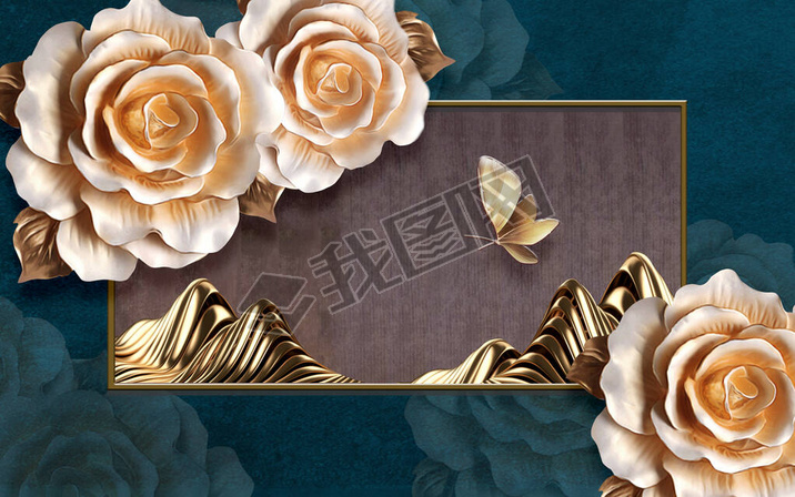 3d illustration, dark green background, large beige roses and a large beige butterfly, gold frame wi