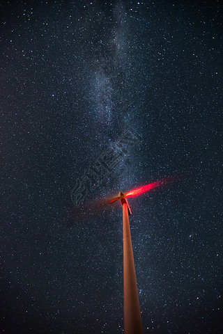 Wind turbines on the starry night sky with milkyway