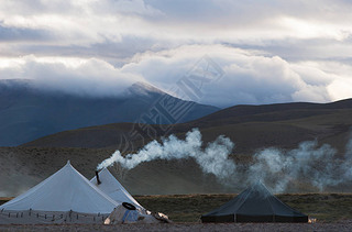 A nomad camp on the shore of lake Manasarovar, western Tibet, China