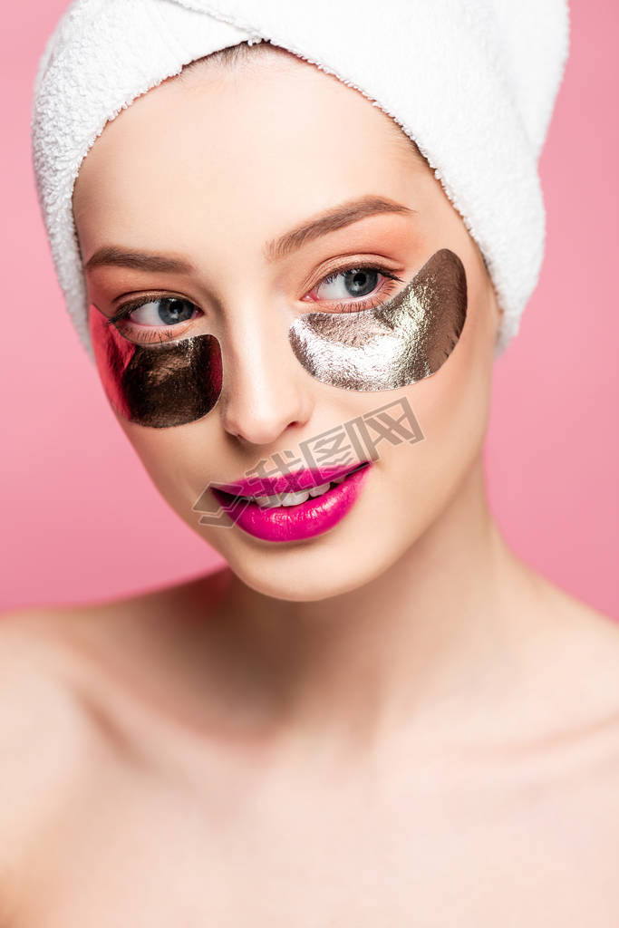 beautiful and naked woman in eye patches isolated on pink 