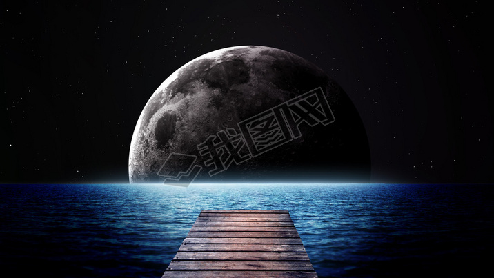 Rising moon over sea. Elements of this image furnished by NASA