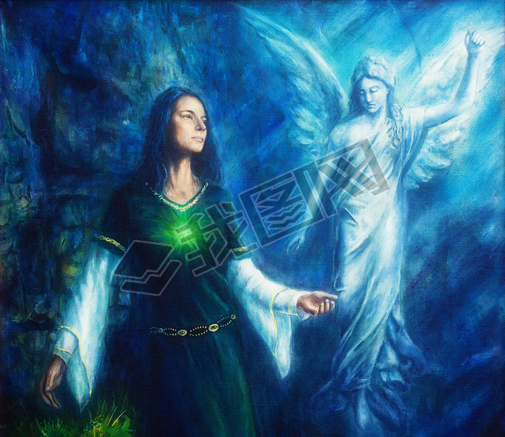mystic woman  in historical dress with ornament and angel. Spiritual concept. Painting on canvas wit