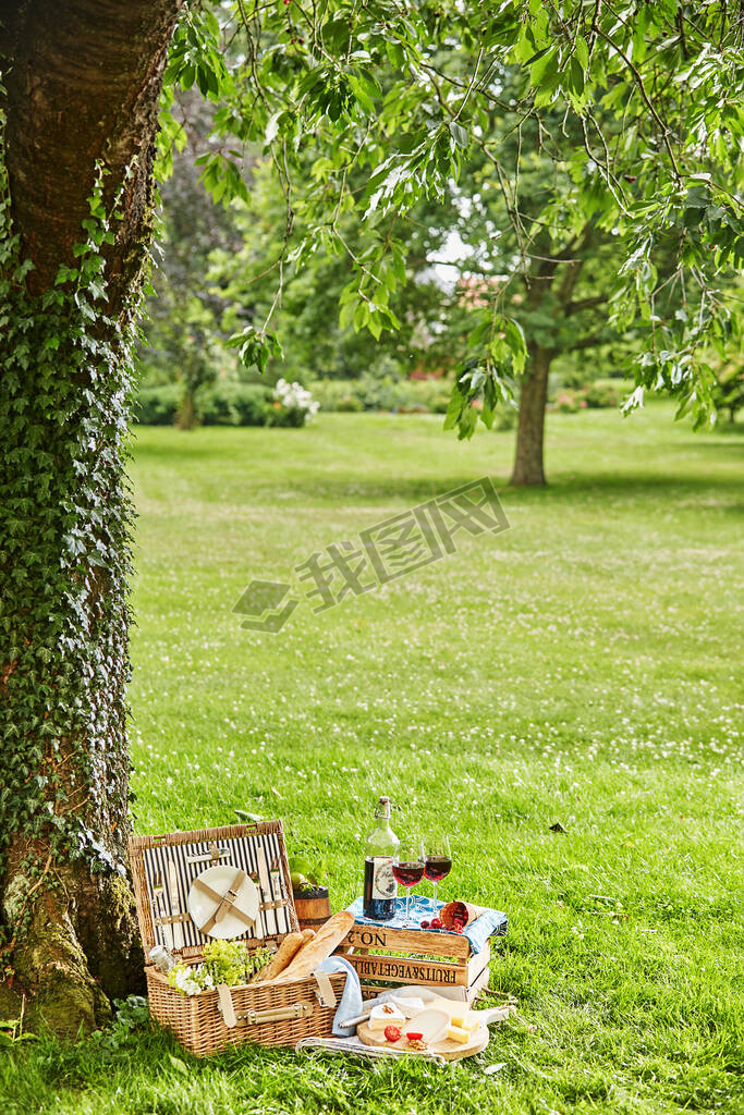 Summertime picnic for two in a lush green park with a vintage style wicker picnic hamper, French bag