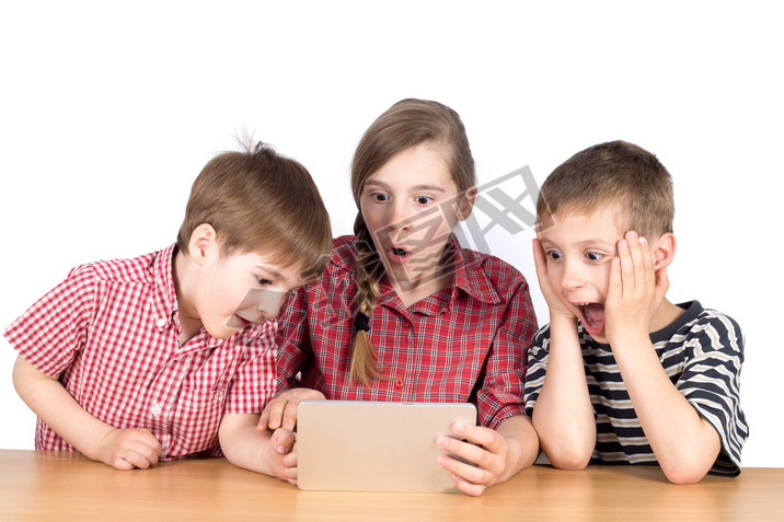 Group of Children Playing Exciting Game on Tablet Isolated on White