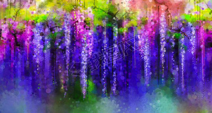 Abstract violet, red and yellow color flowers. Watercolor painting. Spring purple flowers Wisteria t