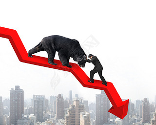 Businesan against bear on arrow downward trend line with citys