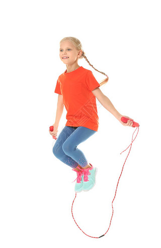 可爱的女孩跳绳, 孤立在白色