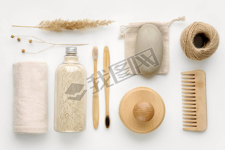 Towel, body scrub, soap, wooden comb, beech toothbrushes, sea bath salt, body brush and other spa ob