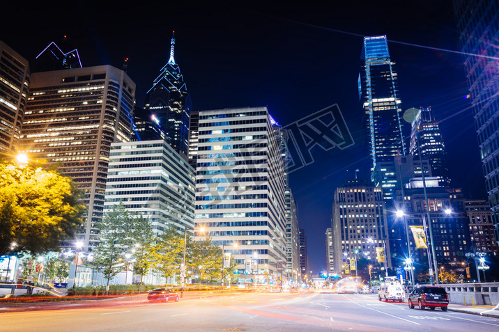 Modern buildings at night, in Center City, Philadelphia, Pennsyl