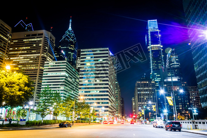 Modern buildings at night, in Center City, Philadelphia, Pennsyl