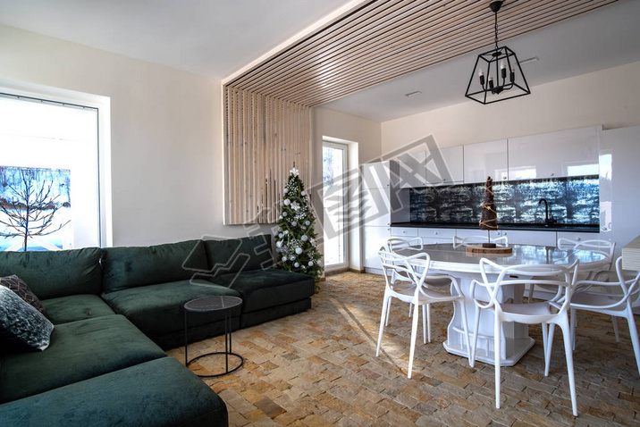 Interior of modern spacious kitchen with white walls, decorative