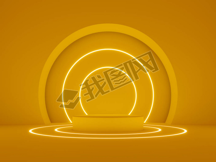 Pedestal, glowing line frames, neon lights, round portal, yellow cylinder steps, abstract minimal co