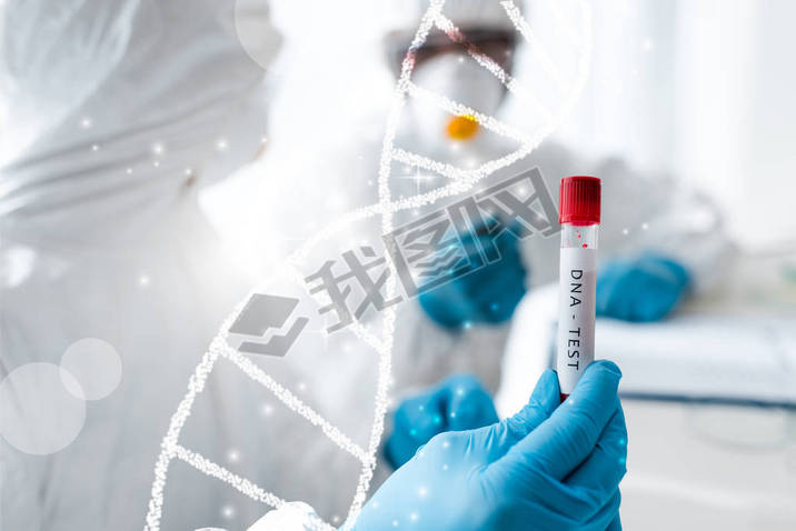 selective focus of scientist and her african american colleague doing dna test near dna illustration