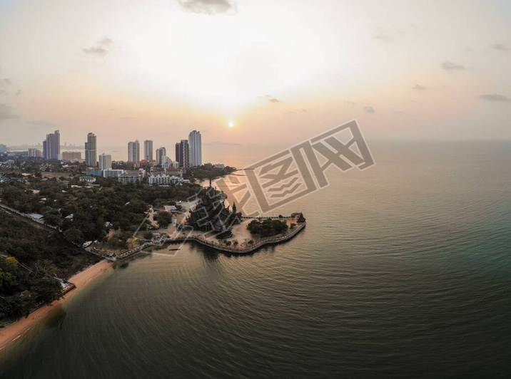 Skyline of Pattaya Thailand with wooden old historical temple during sunset Pattaya Thailand