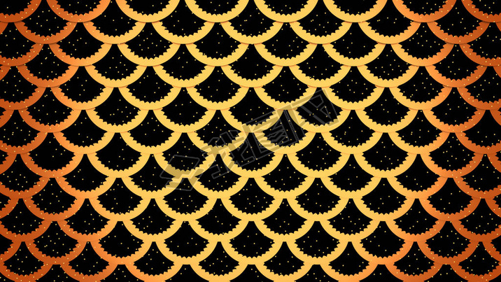 Golden fish scales on black cells pattern marine background horizontal 3D illustration