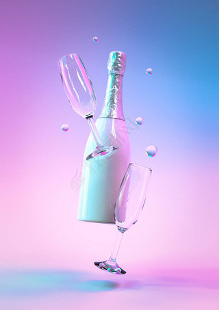 Creative design with realistic 3d festive bottle of champagne with glass on colorful ultriolet hol