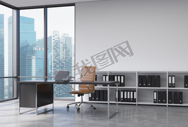 A CEO workplace in a modern corner panoramic office with Singapore city view. A black desk with a la