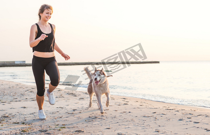 young caucasian female playing with siberian husky dog on beach during sunrise