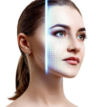年轻女子脸的技术扫描