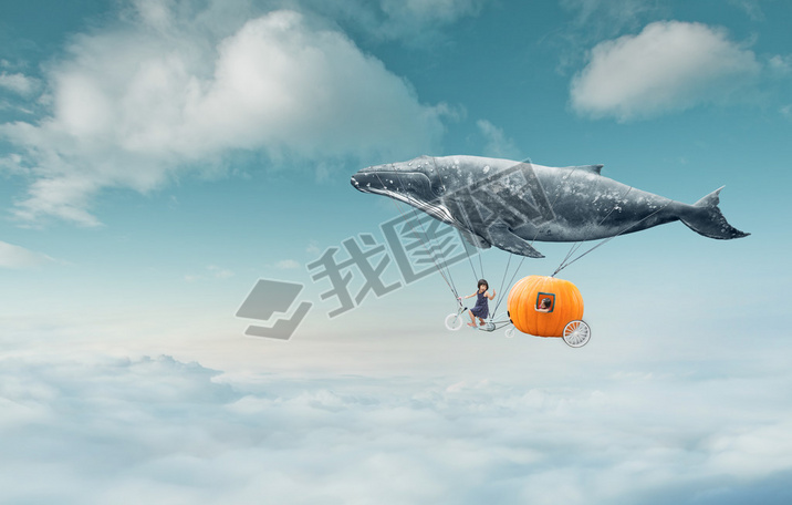 whale with pumpkin and two girls over clouds