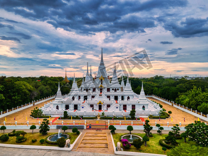 Samut Prakan, Thailand / September 27, 2020Wat Asokaram, Aerial View of White Buddhist Pagoda with 