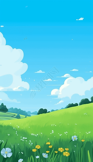 卡通草地蓝天白云自然风景