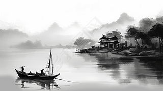 中国风水墨黑白山水风景背景元素
