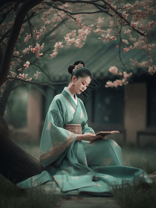 树下读书的古风女子