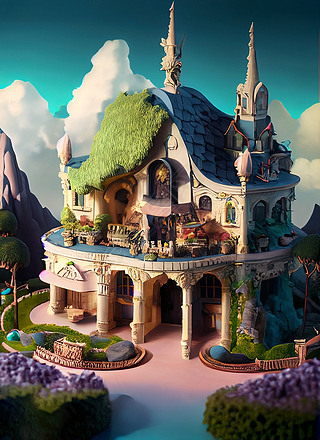 迪士尼乐园3D卡通梦幻王国城堡建筑房屋
