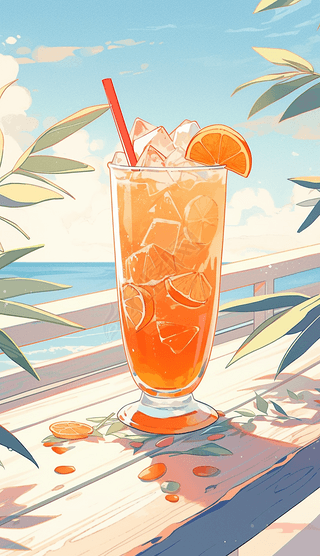 夏日海边水果茶/奶茶饮品插画