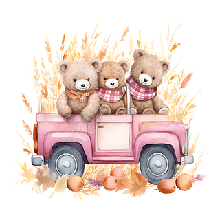 水彩画三只可爱的小熊在汽车里