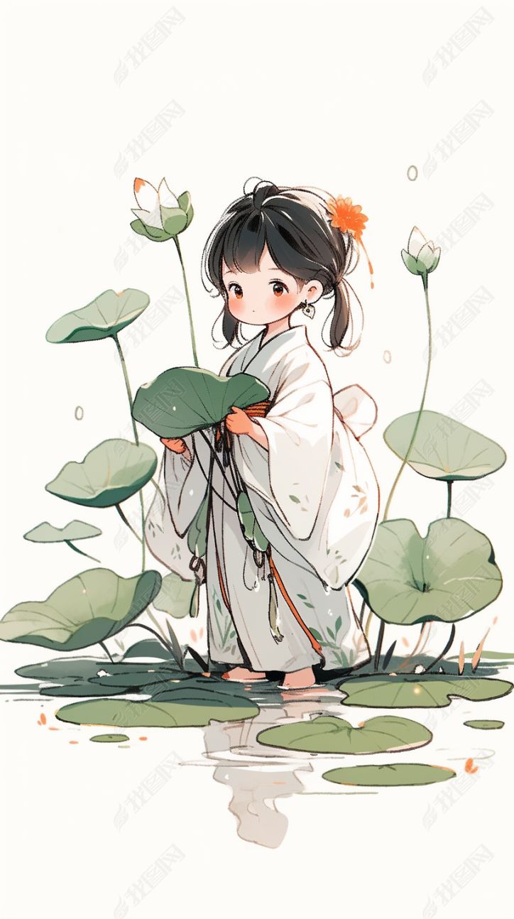 盛夏夏日夏天荷花塘中的女孩简约古风线稿插画02