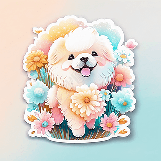 卡通泰迪犬花卉儿童插画可爱贴纸海报设计数字艺术