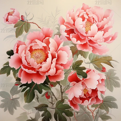 国花牡丹花工笔画复古水墨画中国风国潮风手绘插下载-编号