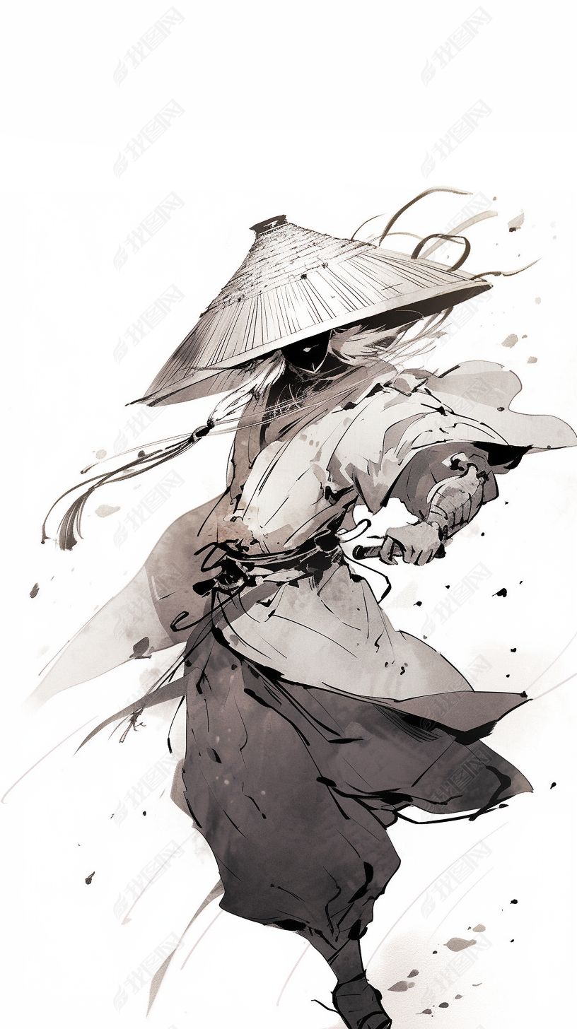 原创中国风黑白水墨带斗笠武士武侠-版权可商用