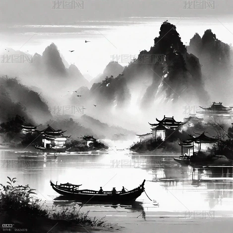 中国水墨画4，黑白，山水，孤舟，下载-编号33191467--我图网