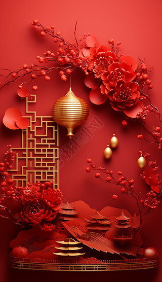 红色梅花中国风背景图