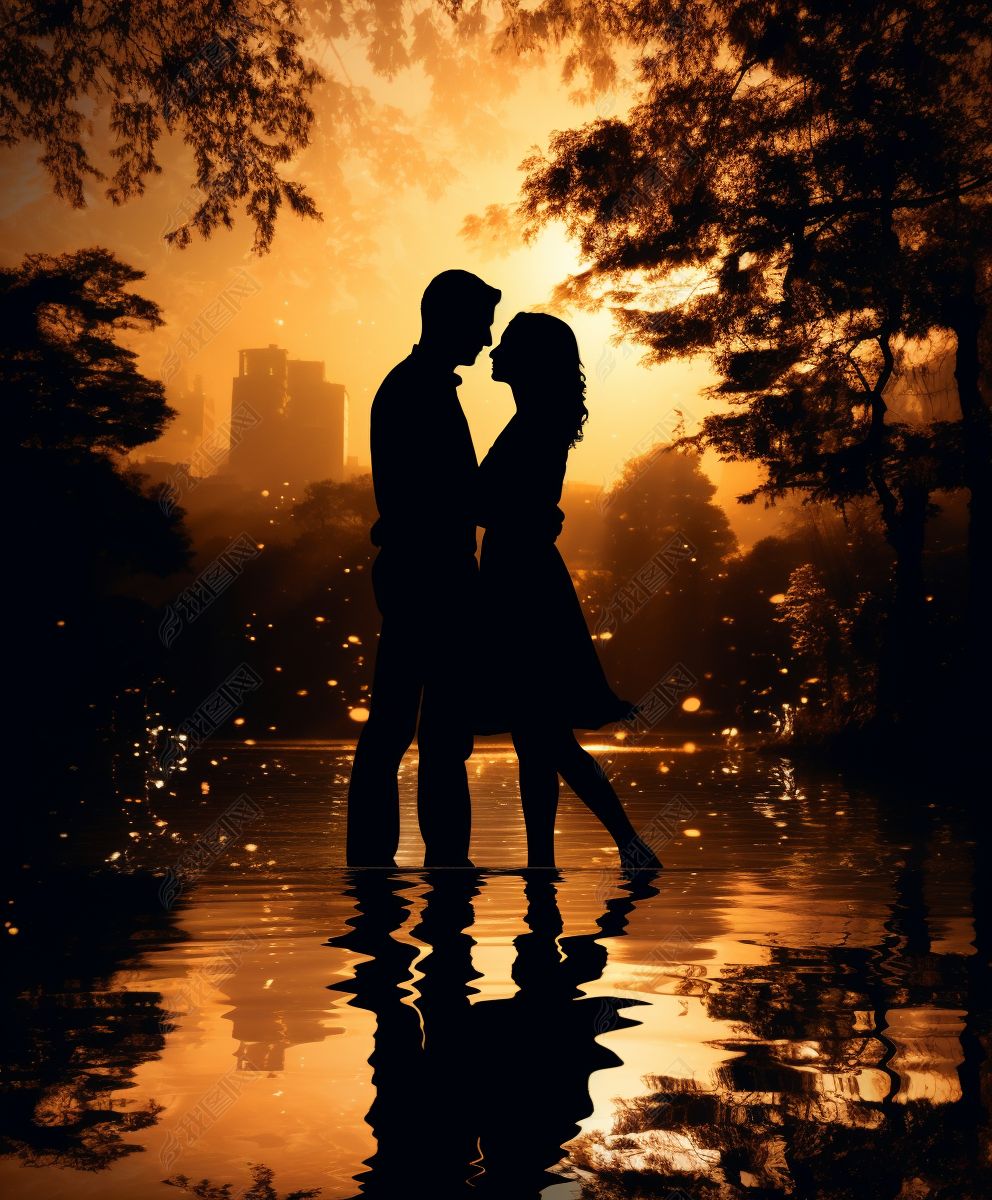 情人节七夕情侣中式剪影轻吻合影浪漫唯美时尚摄影图