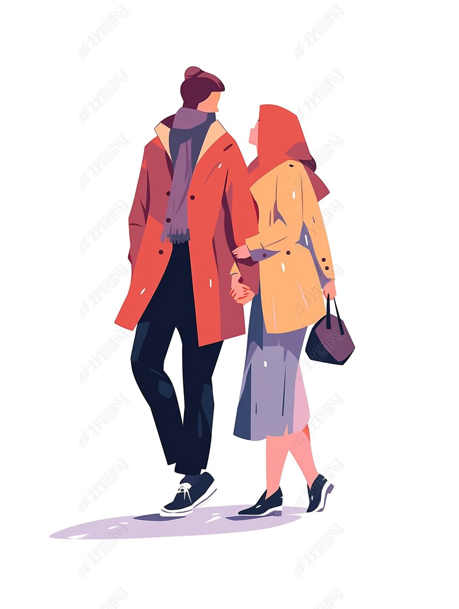 七夕情人节情侣逛街购物插画免抠素材