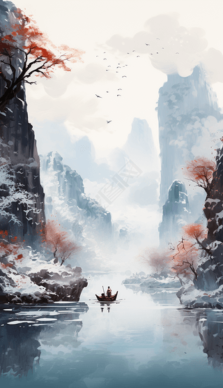 冬天山林水面琥珀湖畔小舟古代渔船树木插画背景