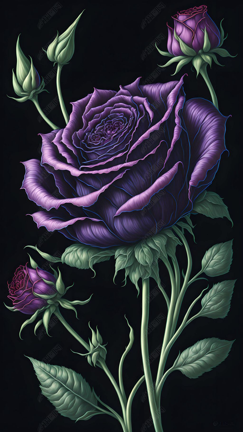 原创暗黑紫色玫瑰花卉创意插画海报设计素材数字艺术-版权可商用