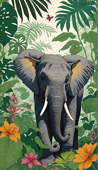 森林中的大象植物矢量海报创意插画数字艺术作品