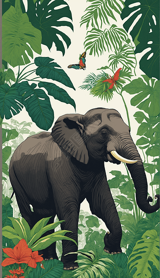 森林中的大象植物矢量海报创意插画数字艺术作品