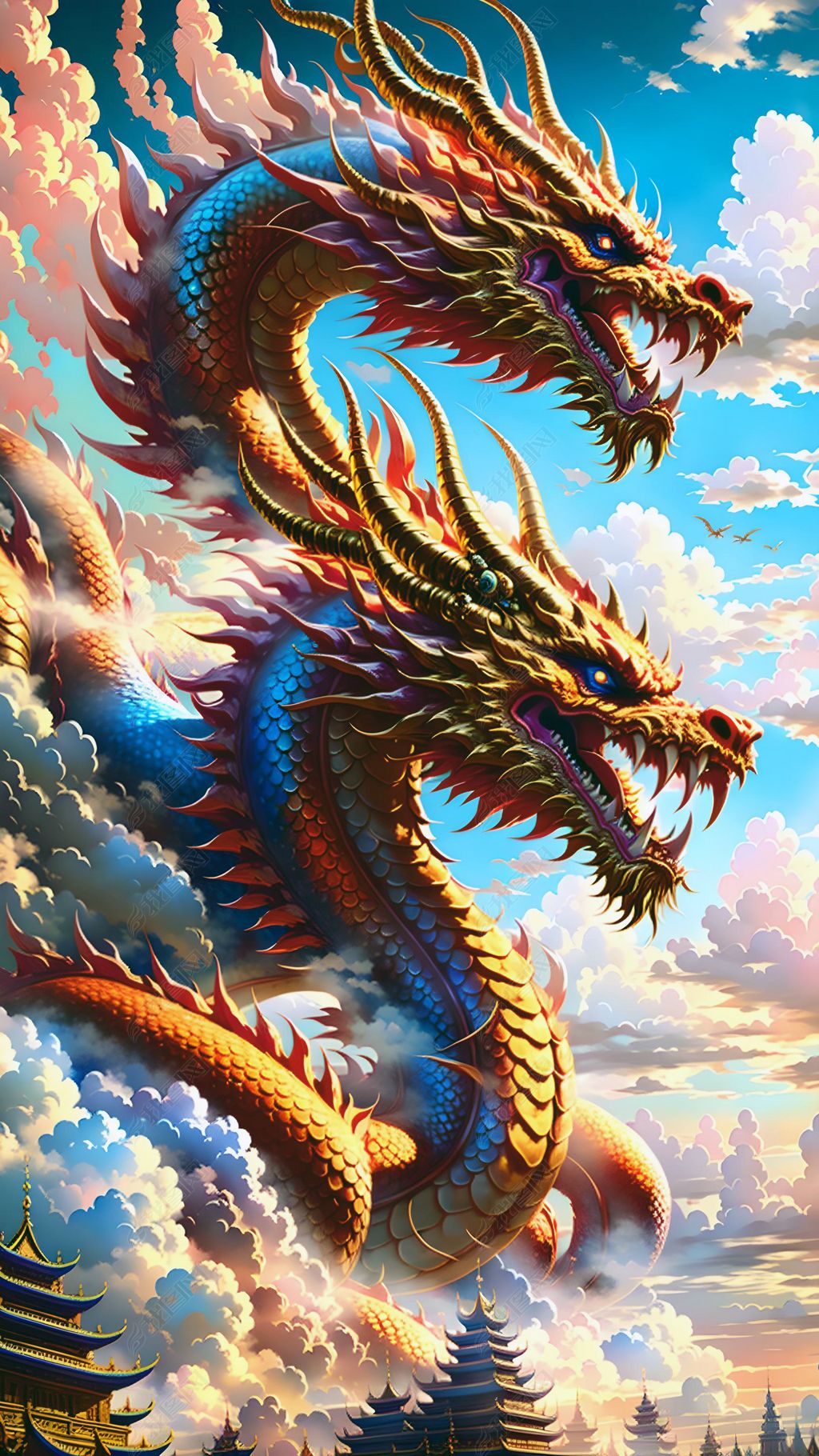 原创中国传统龙双龙戏珠创意插画海报设计素材数字艺术-版权可商用