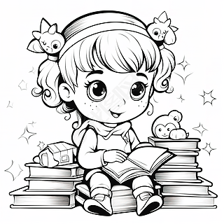读书小女孩黑白线条轮廓儿童上色书涂色插图素材8