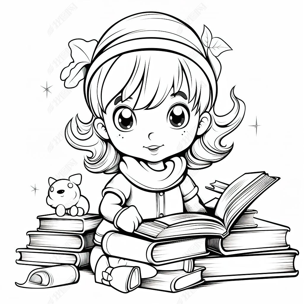 原创读书小女孩黑白线条轮廓儿童上色书涂色插图素材8-版权可商用